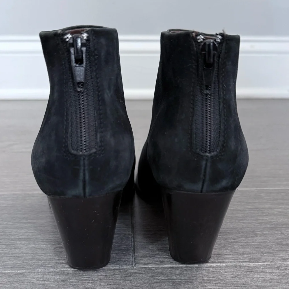 Rachel Comey Prose Black Suede Ankle Booties Stacked Heel 8 Minimalist Western
